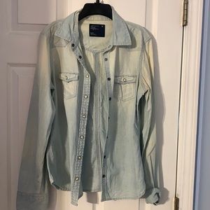 A&E light distressed oversized jean button up
